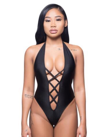 Women One Piece Bikini Solid Color Bandage Lace Up Sexy Halter