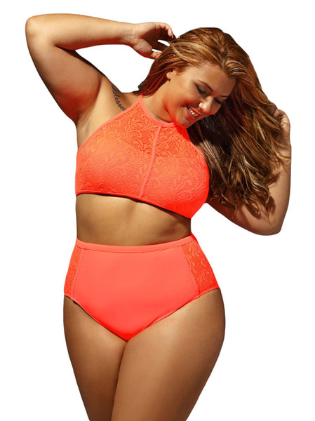 Lace Hollow High Waist L~XL Plus Size Swimwear Bikini Women Clothes Two Pieces Outfit Bodysuit Bathsuit Maillot De Bain Trajes De Baño