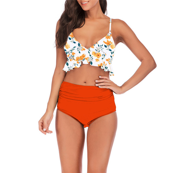 Explosive pleated ruffled bikini high waist split print swimsuit swimwear European and American foreign trade B52-2