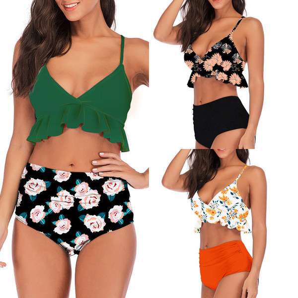 Explosive pleated ruffled bikini high waist split print swimsuit swimwear European and American foreign trade B52