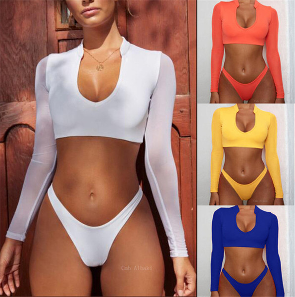 Swimwear for Women High Waist Long Sleeves Bikinis Set High Cut Sexy Swimsuits Sunscreen Beach Wear Bikini 7 Colors Bathing Suit