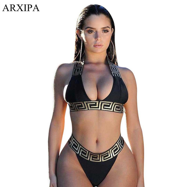 ARXIPA Sexy Bikini Sets For Women Bandage Swimsuit Crop Top Swimwear Thong Bathing Suit High Cut Beachwear Solid Print 2019 New Bather