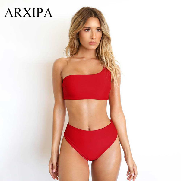 ARXIPA 2019 One Shoulder Bikini Set Crop Top Swimsuit Thong Swimwear for Women High Waist Bathing Suit Solid Swim Wear Beachwear