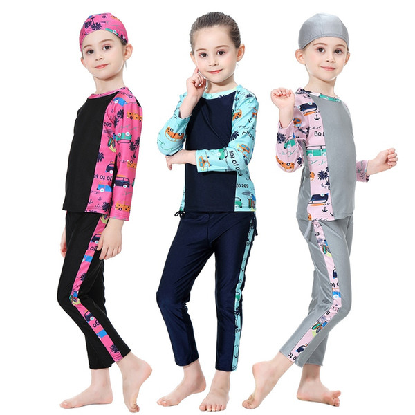 Muslim Girl Swimsuit Kids Conservative Arabian Islamic Swimwear Burkinis Modest Three-piece Children Cloth Summer Cartoon Print