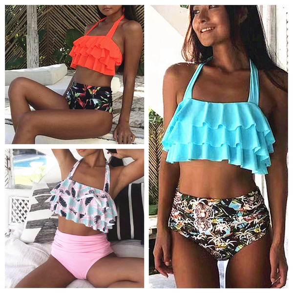 ARXIPA High Waist Bikini Set for Women Halter Tie Swimsuit Ruffle Swimwear Floral Bathing Suit Backless Two Piece Solid Flounced 2019