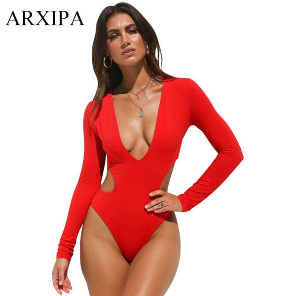 ARXIPA Long Sleeve One Piece Bikini Sexy Deep V Swimsuit Women Cut Out Swimwear High Cut Solid Bathing Suit Thong Monokini Swim Wear