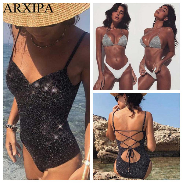 ARXIPA Sexy Bling-bling One Piece Bikini Set Cross Bandage Swimsuit Women Shiny Swimwear Solid Bodysuit Bathing Suit Beachwear 2019 New