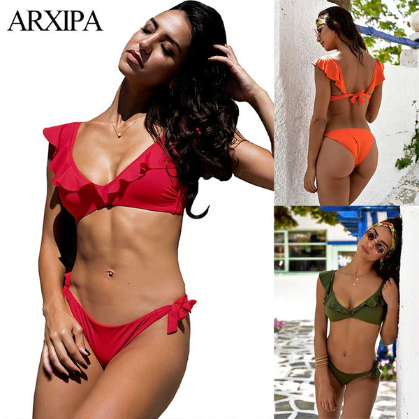 ARXIPA Women Ruffle Sexy Bikini Solid Swimsuit Push Up Swimwear Tie Low Waisted Bathing Suit Thong Beachwear Swim Wear Two Piece