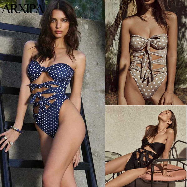 ARXIPA Sexy Bikini Bandage Polka Dot Women One Piece Swimsuit High Cut Out Swimwear Tie Bathing Suit Push Up Monokini Swim Wear