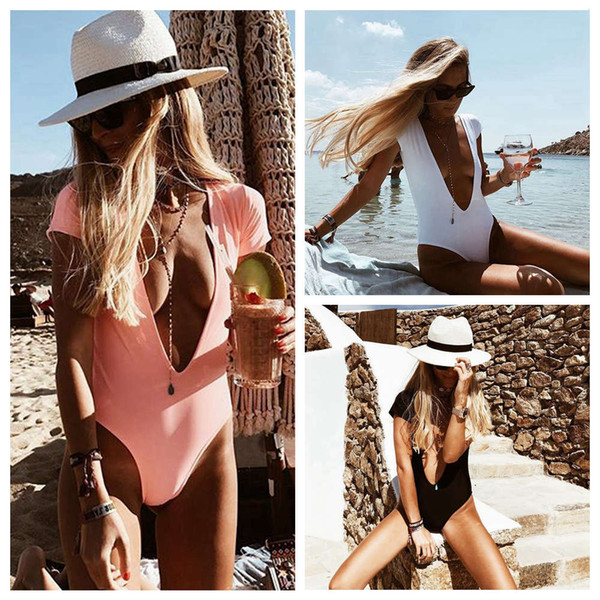 ARXIPA 2019 One Piece Sexy Bikini Set Deep V Swimwear Backless Women Swimsuit Short Sleeve Bathing Suit Solid Bodysuit Maillot