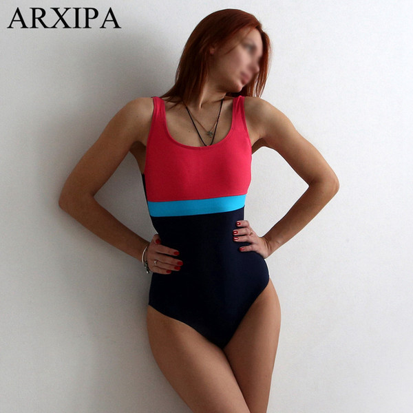 ARXIPA 2019 One Piece Sports Swimwear Backless Women Swimsuit Training Bathing Suit Racing Patchwork Solid Bodysuit Maillot New