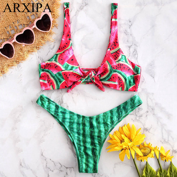 ARXIPA 2019 Watermelon Sexy Bikini Set Front Knotted Women Swimwear Thong Swimsuit Brazilian Padded Two Piece Bathing Suit Cute New Hot