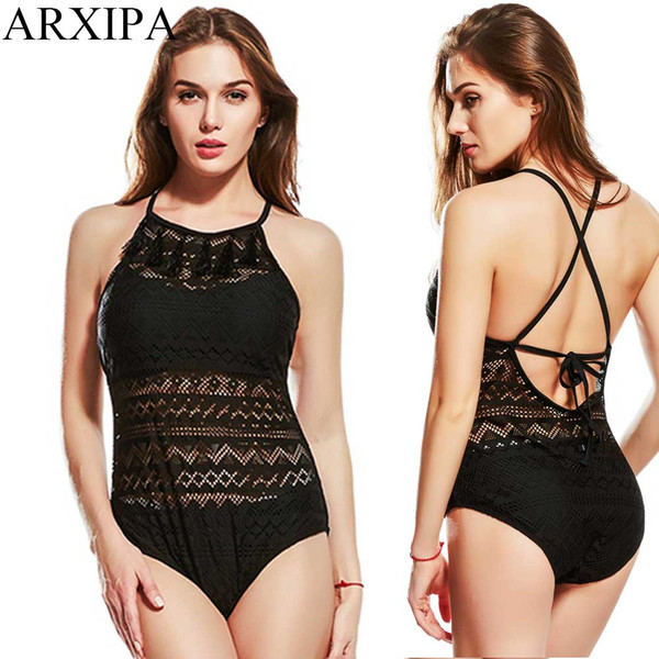 2018 New Female One Piece Crochet Swimsuit Sport Fringe Black Cut Out Maillot Lace Bodysuit Backless Bathing Criss Cross