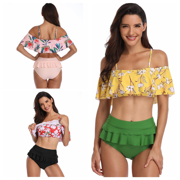 High Waisted Swimsuit Separate Female Swimwear Bare Shoulders Bikini Sets Floral Print Ruffle Bathing Suit Frills Red Retro 2019