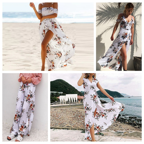 Floral Beach Dress Maxi Wrap Women's Summer Tunics Chiffon Long Swimsuit Cover Up Plus Size Sexy V Neck White Beachwear Outlet Cape 2019 New