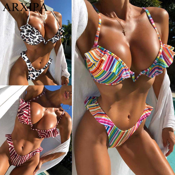 ARXIPA Underwire Sexy Bikinis Set Ruffle Swimsuit Women Stripe Leopard Swimwear High Cut Bathing Suit Thong Beachwear Bikini Swim Wear Hot