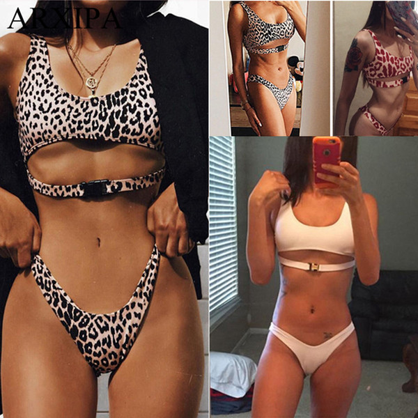 ARXIPA 2019 High Cut Sexy Bikini Sets Leopard Swimsuit Women Cut Out Crop Top Swimwear Solid Thong Bathing Suit Padded Beachwear