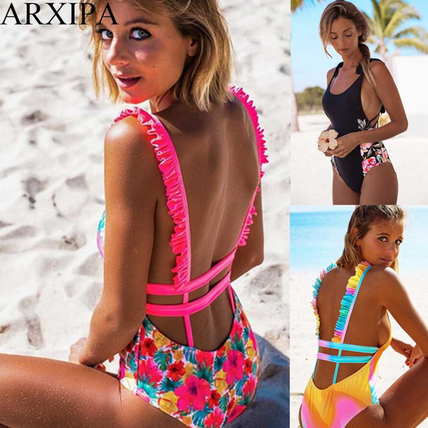 ARXIPA Ruffle Sexy One Piece Bikini Women Bandage Swimsuit Floral Solid Swimwear Backless Bathing Suit Hollow Out Beachwear 2019