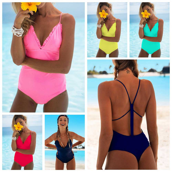 ARXIPA Ruffle One Piece Sexy Bikini Solid Swimsuit Women Bandage Swimwear Backless Bathing Suit Thong Beachwear Biquini 2019 New
