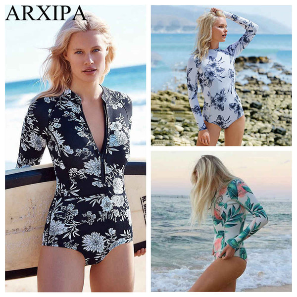 ARXIPA Zipper One Piece Bikini Long Sleeve Swimsuit Women Sport Swimwear Plus Size Surfing Wear Print Brazilian Racing Bodysuit 2019 New