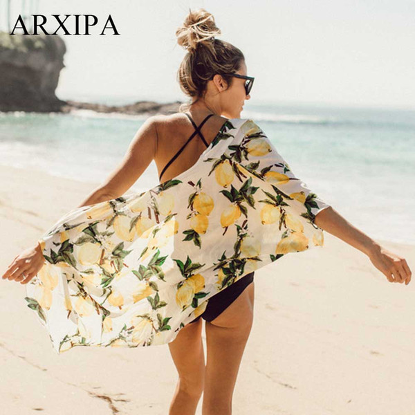 ARXIPA Summer Cover Up Lemon Print Women Bikini Kimono Butterfly Sleeve Beach Dress Cotton Cover-Ups Sunproof Blouse Open Front Bathing