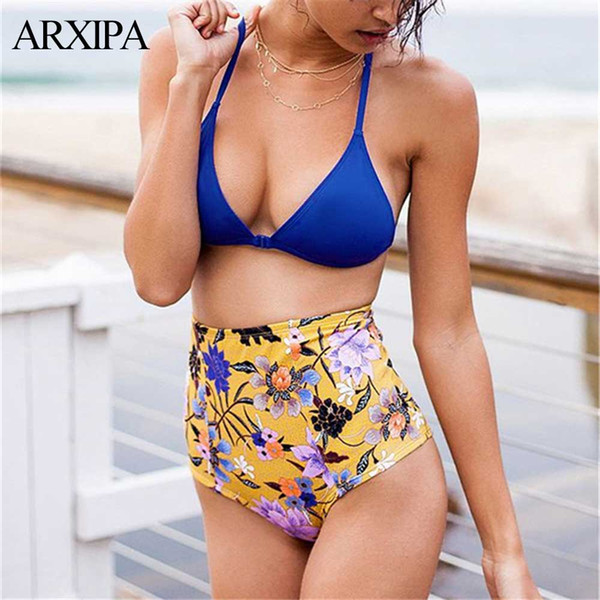 ARXIPA High Waist Bikini Sets Floral Striped Print Women Swimsuit Triangle Swimwear Lace Up Bathing Suit Cross Bandage Swim Wear