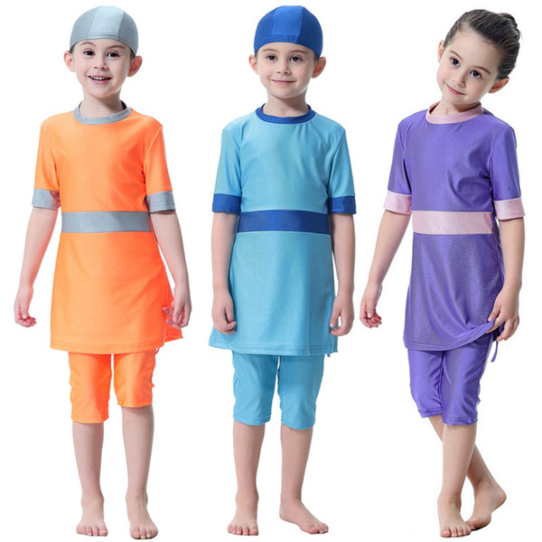 ARXIPA 2019 Muslim Girl Swimsuit Kids Conservative Arabian Islamic Swimwear Burkinis Modest Three-piece Children Summer Solid