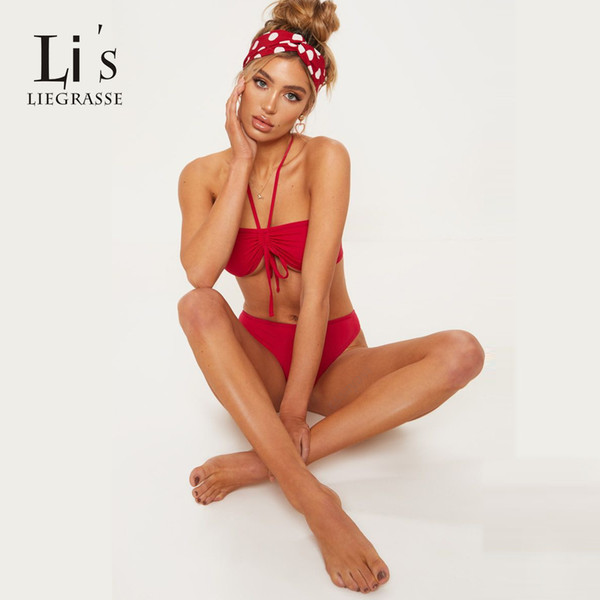 Lis Liegrasse 2019 New Swimsuit Separate Swimwear Women Bikini Halter Bikini Solid Lady Sexy Red Bathing Suit Women Drop Ship