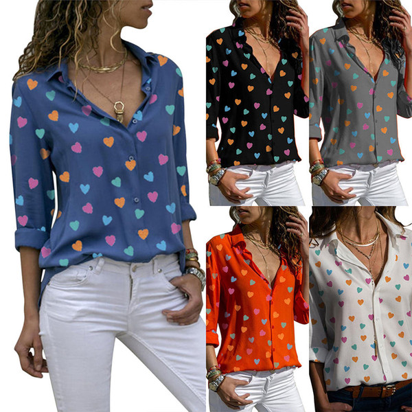 Designer V-neck shirt printing peach heart spring and summer wild new fashion color casual long-sleeved shirt