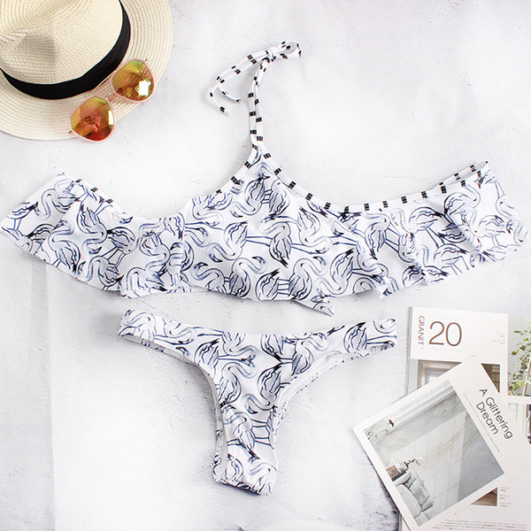 2019 New Pattern Swimming Suit Bikini Lotus Leaf Edge One Shoulder Single Shoulder Strap T -Shaped Pants Swimwear