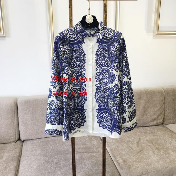 New Blue print Women Blouse Long Sleeve Shirt Casual Blusa Tops Office Lady Comfort style