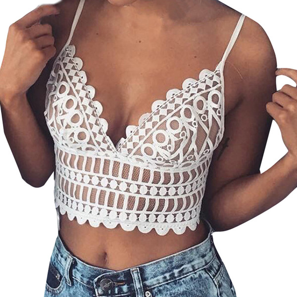 Women Summer Short Vest Sexy Hollow Out V Neck Plain White Lace Sleeveless Crop Tops Sleeveless Blouse vetement