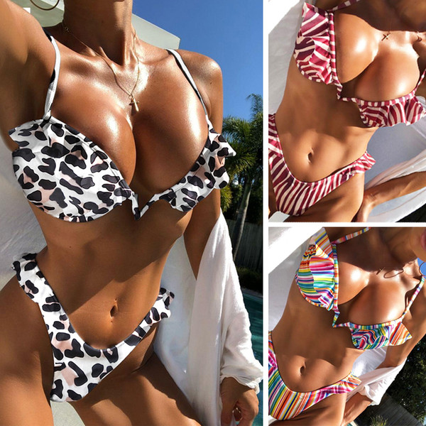 Sexy V Neck Leopard/Striped Ruffled Biquini Thong Bathing Suit Female Swimsuit High Cut Swimwear Women Brazilian Push Up Bikini