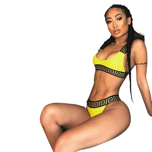 Letter Printed Bikini Set Yellow Bikini Set Lady Quick Drying Swimwear Outdoor Beachwear Fashion Swimsuit 2pcs/set CCA11552 15set