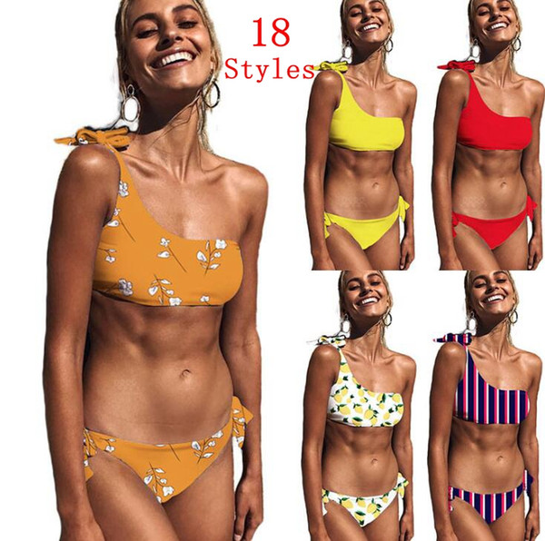 One-Shoulder Swimwear 18 Styles Women Striped Printed Bikini Swimsuit Summer Beach Bathing Suit 2pcs/set OOA6811