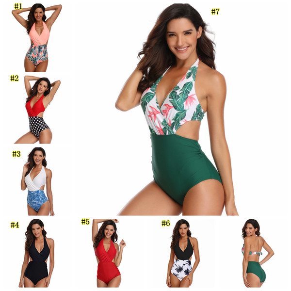 Womens Sexy One-piece Bikinis flower Swimwear Tummy Control One Piece Swimsuit Front Cross Colorblock Bathing Suit MMA1874