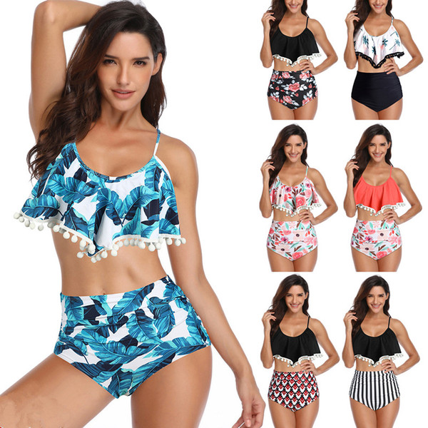 Women Sexy flower print Swimwear Bikinis Set Retro Flounce High Waisted Bikini Halter Neck Two Piece Swimsuit MMA1873