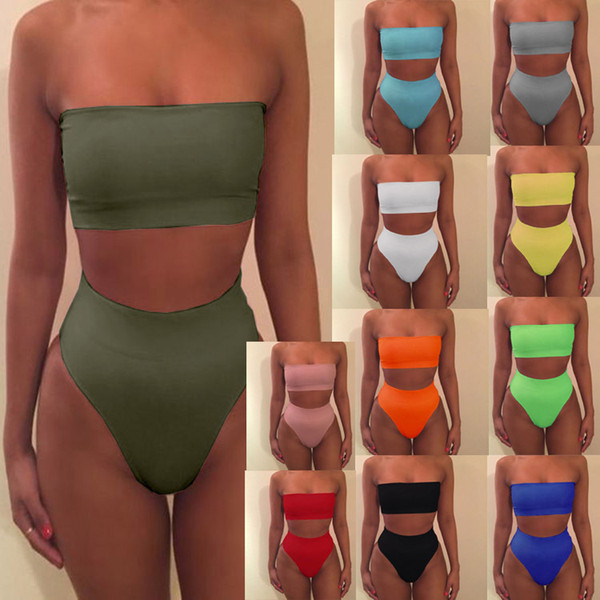 Strapless Bikini Sexy bikinis women Set Off Shoulder Solid Bandage Push Up Padded Swimwear Swimsuit Beachwear Pluz Size MMA1673