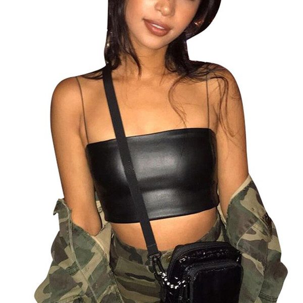 2018 Sexy Cropped Leather Top Tank Womens Summer Black Bralette Crop Top Backless Camisole Tops Spaghetti Strap Tank Vest