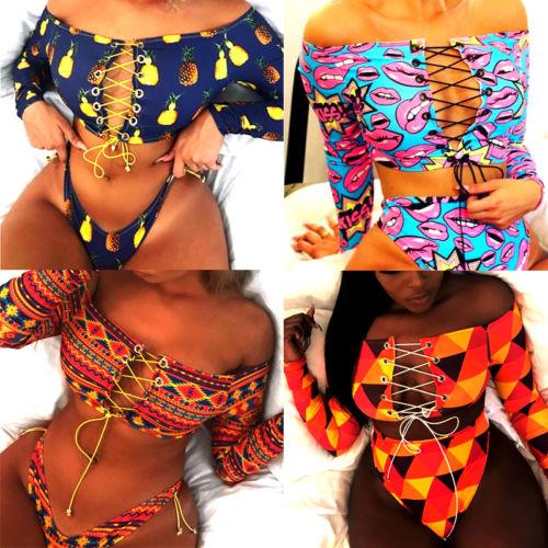 Multi Color Long Sleeve Women Swimwear Bandage Sexy Swimsuits High Waist Bikini Monokini Women Summer Bathing Suit Padded