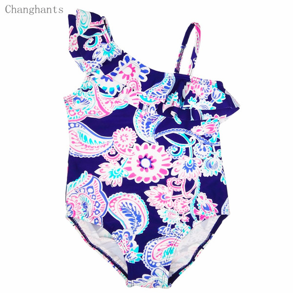 Baby Girls Swimwear Dark Blue and Classical Flower Pattern 2-8 Y Children One piece Swimsuit Kids Bathing Swimming wear sw0626