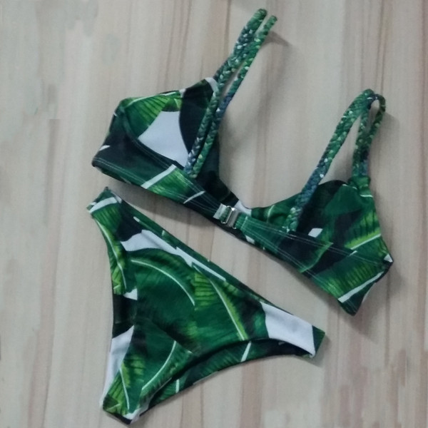 2017 Female Sexy Halter Push Up Thong Bandeau Biquini Swimsuit Flower leaf Swim Wear Beach Bathing Suit Swimwear Women Bikini