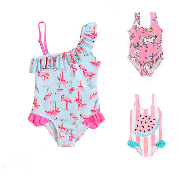 Cartoon Kids One-piece Swimsuits Flamingo Watermelon Pineapple Print Cute Lovely Baby Skew Collar Swimwear Girl Bathing Suit TTA764