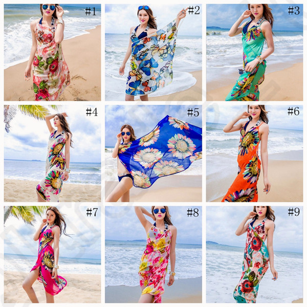 Women Floral Bikini Cover Ups Print Sexy Pareo Beach Dress Bohemian Sarong Chiffon Beach Bikini Wrap Swimwear Scarf Shawl Brace OOA1281