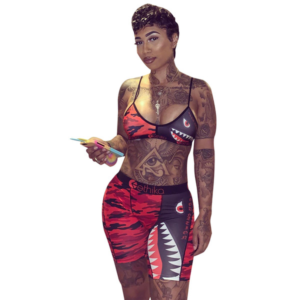 Women Camo Shark Swimwear Tie up Bra Pants 2pcs/set Tracksuit Short Pants Patchwork Shark Swimsuit Bikini 50sets OOA6416