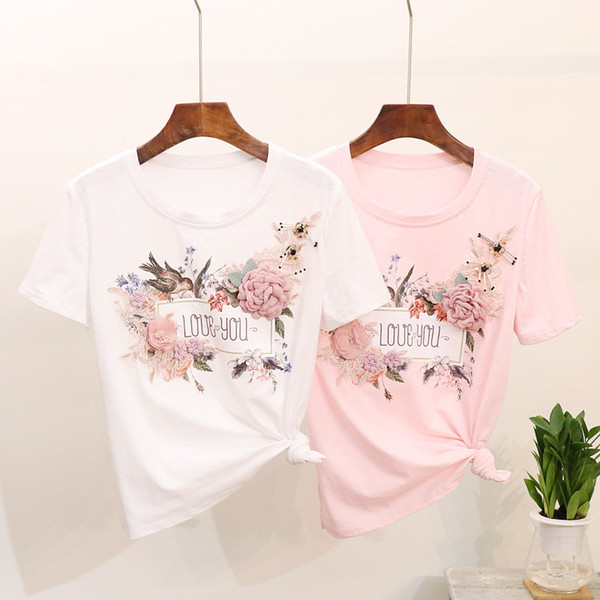 Summer Fashion Women T Shirt Bird Flower Embroidery Lace Pink White T-shirt Female Tops