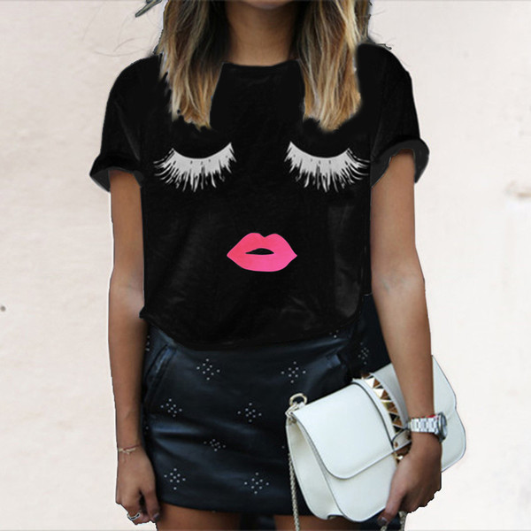 Summer Women Black White Tshirts Fashion Eyeflash Lips Printed Tops Short Sleeved Tees T shirts