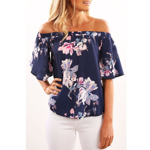 Hot Selling Women's Floral T-shirt Summer Chiffon Flower Print Slash Neck Sexy Shoulder-off Floral Tops Fashion Irregular Dress Shirt