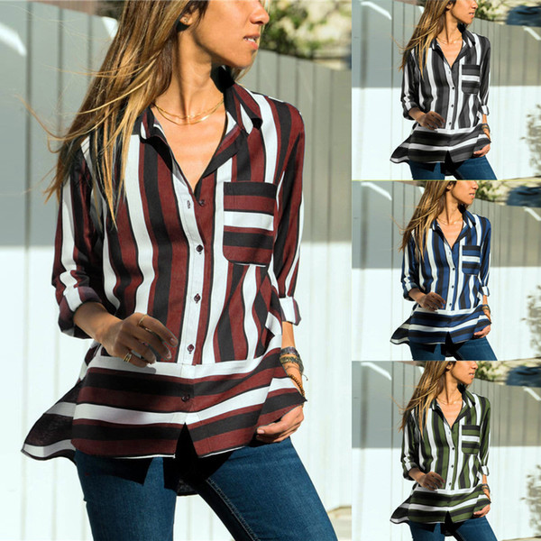 Maikun Brand New Womens Fashion Striped Leisure V-neck Long Sleeve Chiffon Shirt 4 Colors 6 Size