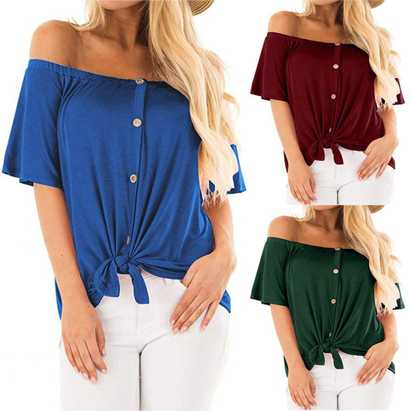 Maikun Brand Fashion Slash Neck Short Sleeve Button T-shirt Blouse for Women 5 Colors 5 Sizes